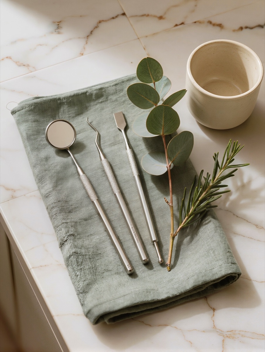 A dental mirror, an explorer and a scaler laid on a folded sage linen napkin, next to a sprig of eucalyptus and a small ceramic cup