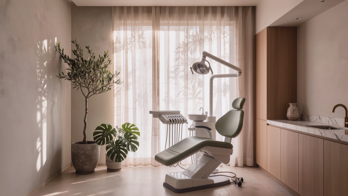 Treatment room 3: a sage green dental chair in front of a sunlit linen curtain, an olive tree and a monstera in pots, and oak cabinets with a marble counter