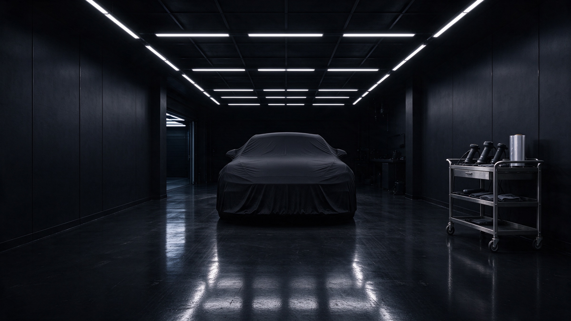 A covered car in a dark bay under rows of strip lights, a steel trolley of bottles beside it.