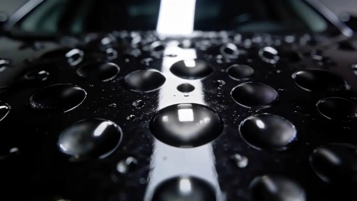 Tight water beads on a black coated hood, one strip light reflected down the middle.