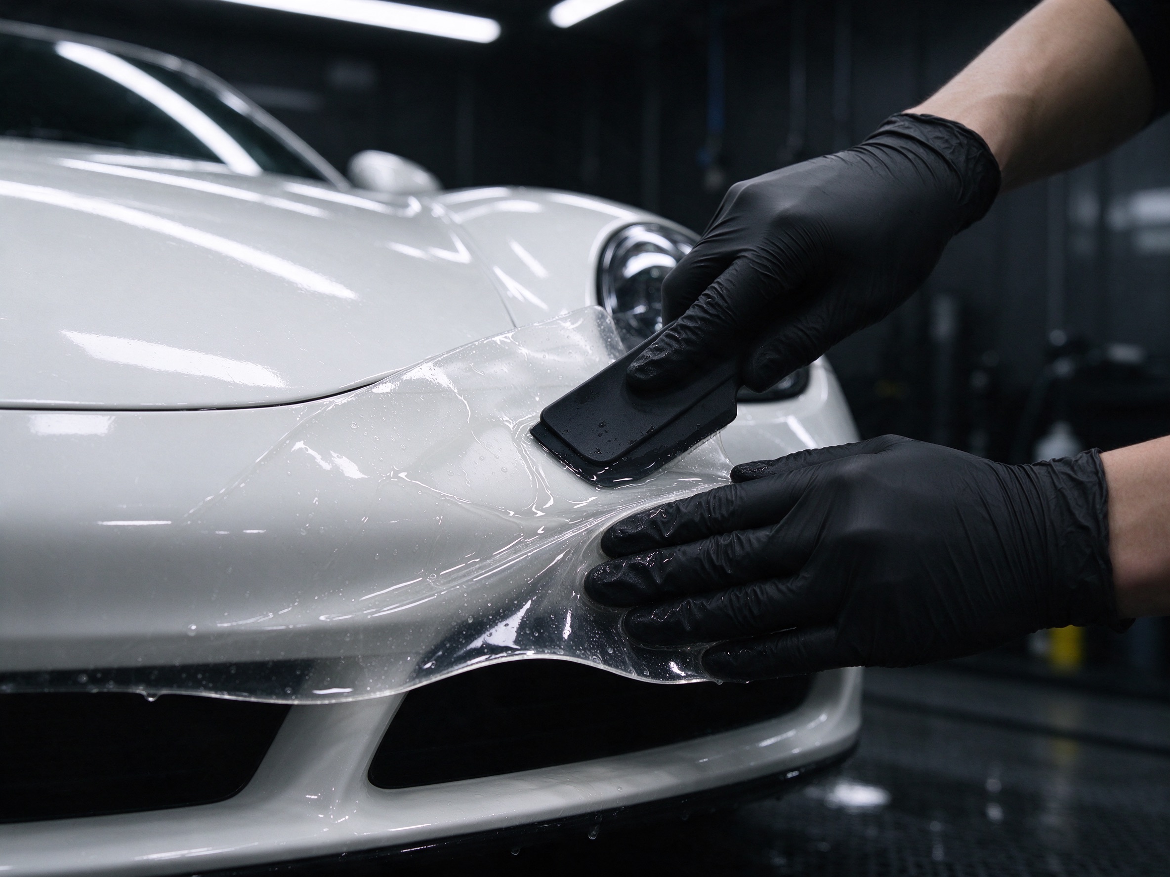 Two gloved hands squeegeeing clear film onto the wet front bumper of a white sports car.
