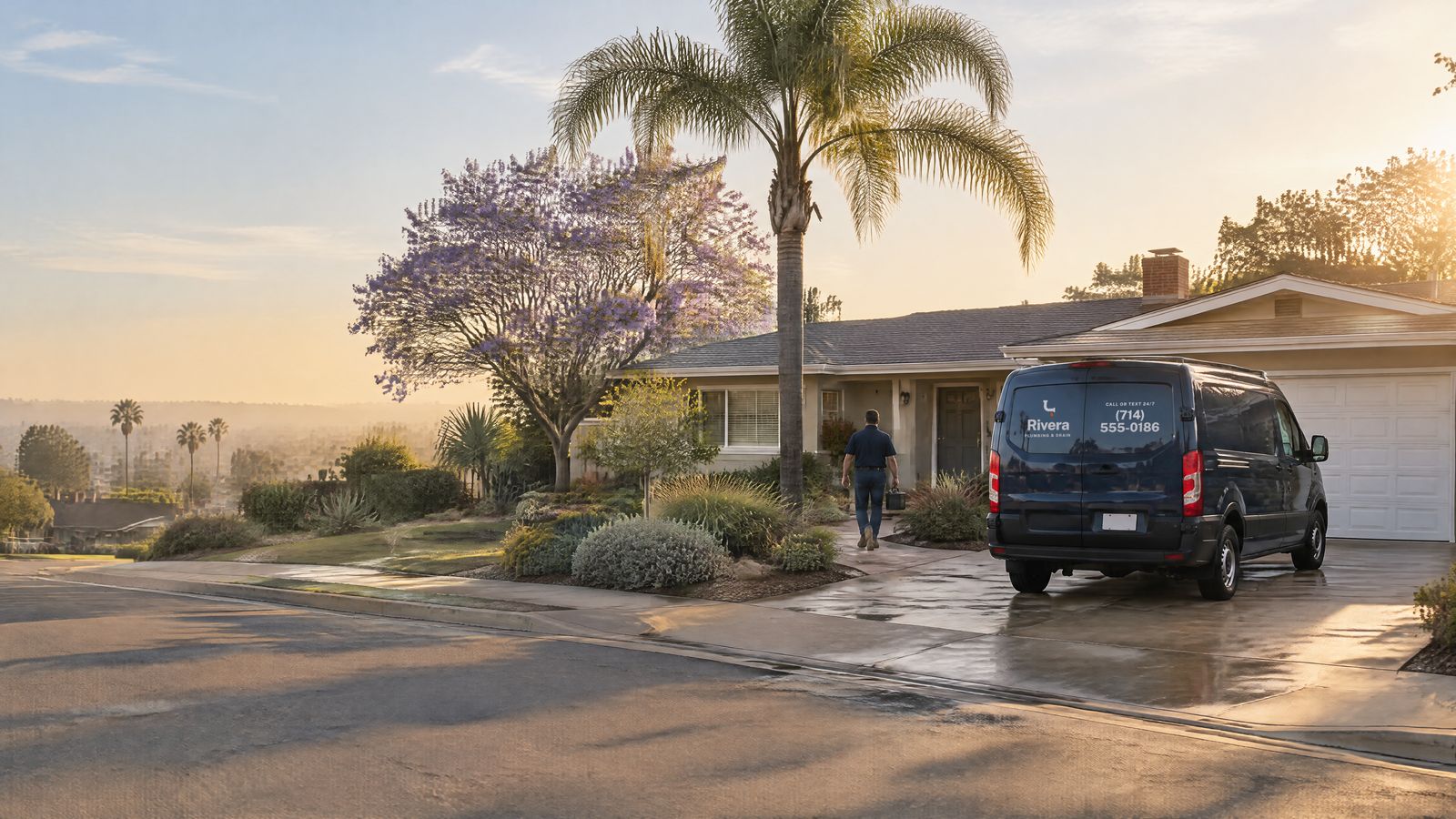 A Rivera plumber walks up to a single-story house at sunrise, carrying a toolbox, with the company van in the driveway.