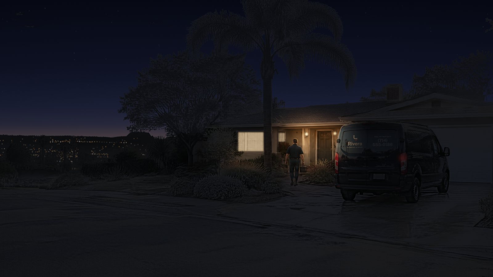 A Rivera plumber walks up to a single-story house at night, toward the lit porch, with the van in the driveway.