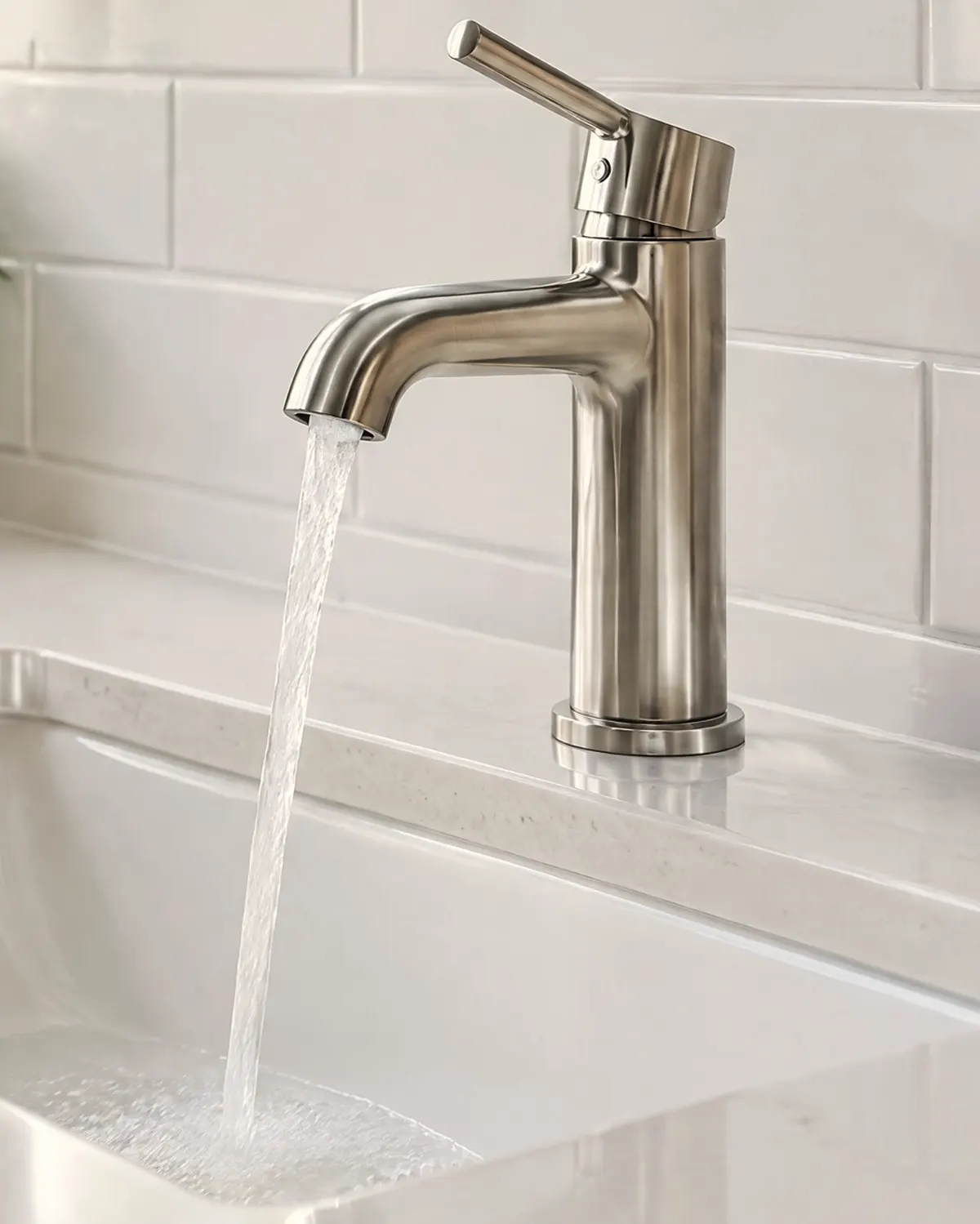 A brushed nickel faucet running into an undermount bathroom sink.