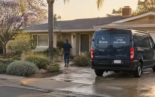 Illustrative Rivera service van outside a home